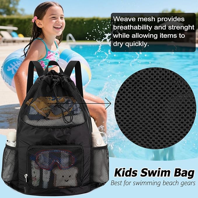 Swim Bag for Kids Mesh Beach Backpack for Boys Lightweight Drawstring Beach Bag Swimming Pool Sports Gym String Bag (Black)