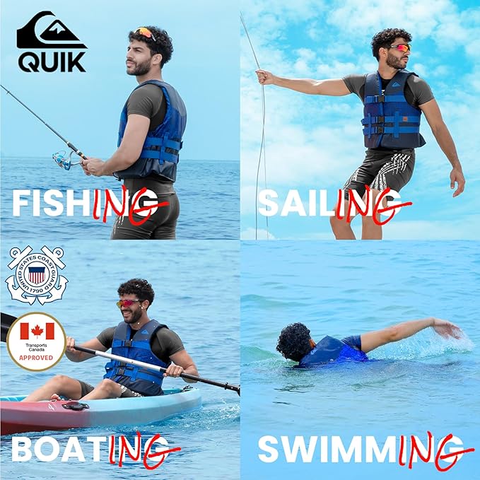 QUIKSILVER USCG Approved Men's Life Jacket Type III PFD, Lightweight EPE Foam Life Vest for Adults, for Waterskiing, Wakeboarding, Windsurfing, Rafting, Boating, Kayaking, Fishing Watersports