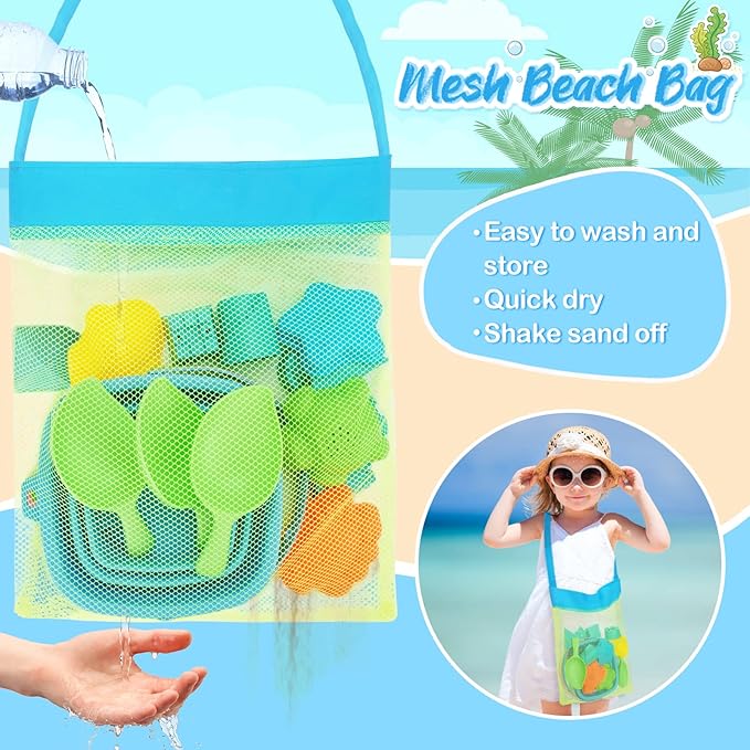 RACPNEL Collapsible Beach Toys for Kids, 3 Pack Foldable Sand Buckets and Shovels Set with Mesh Bag, Silicone Pails for Beach Travel Essentials, Easter Egg Hunt, Sand Toys Molds for Kids and Toddlers