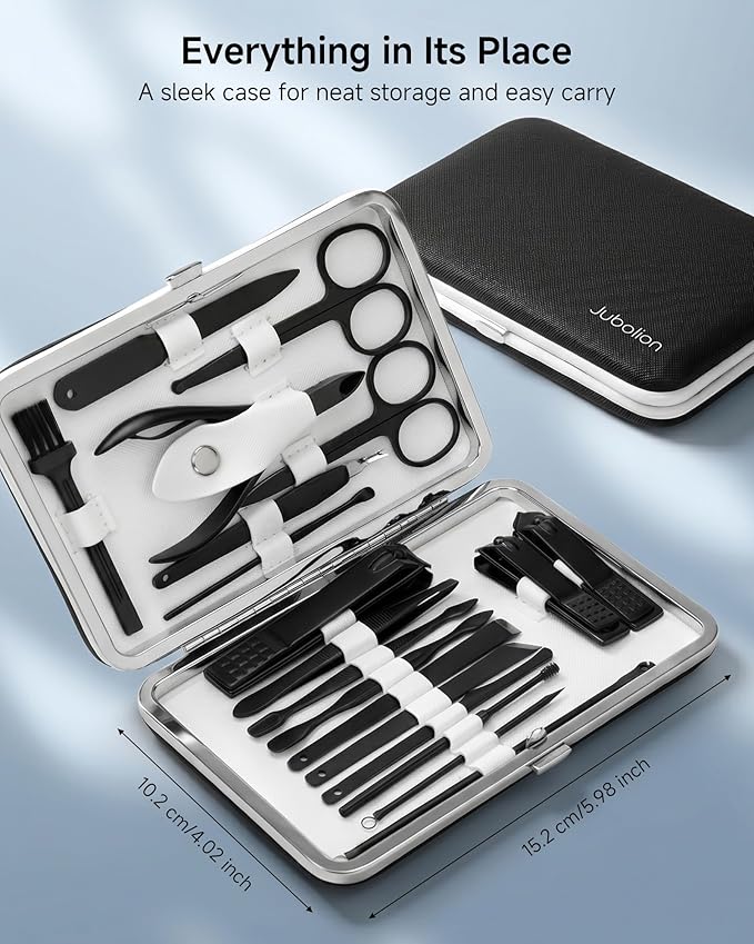 Manicure Set, Jubolion 19pcs Stainless Steel Professional Nail Clippers Pedicure Set with Black Leather Storage Case, Portable Grooming Kit for Travel or Home, Perfect Gifts Women and Men (Black)