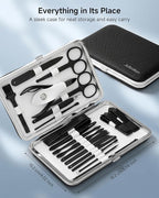 Manicure Set, Jubolion 19pcs Stainless Steel Professional Nail Clippers Pedicure Set with Black Leather Storage Case, Portable Grooming Kit for Travel or Home, Perfect Gifts Women and Men (Black)