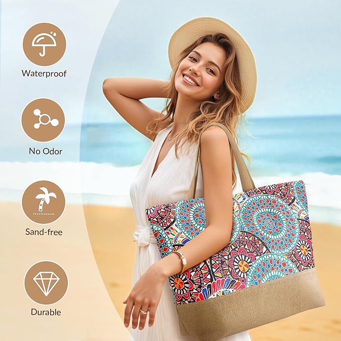 Trifabricy Beach Bag for Women, Large Beach Tote Bags with Zipper, Woven Straw Tote Waterproof, Swim Gym Shopping Travel Bag