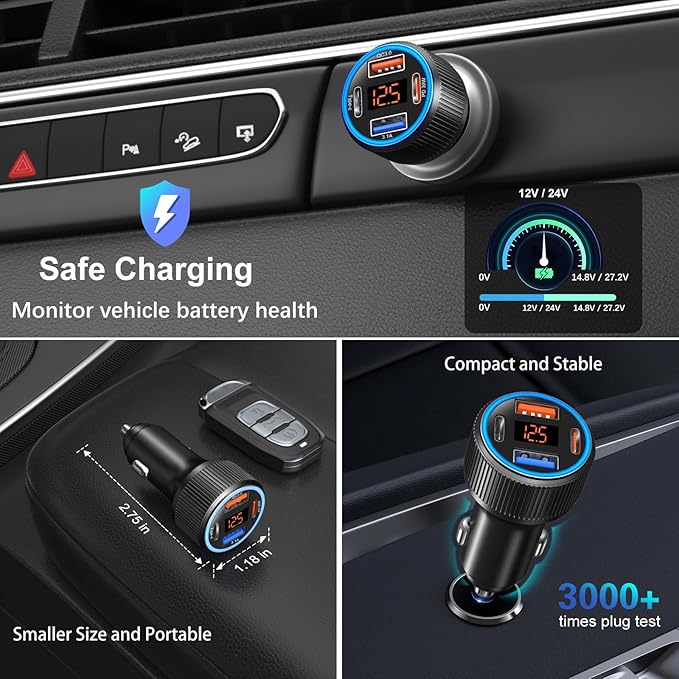 65W 4 Port Super Fast Type C Car Charger USB C for Samsung S25 S24 S23 Ultra A53 A16, iPhone 17 16 15 PD/QC 3.0 Fast Charging 12V Car Cigarette Lighter Adapter with Voltage Meter+4 Pack USB-C Cables