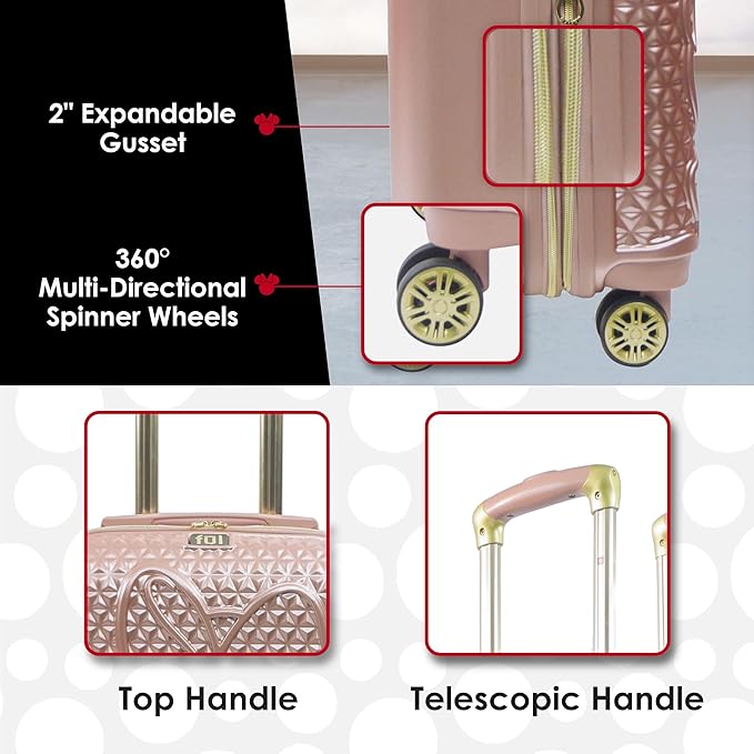 FUL Disney Minnie Mouse 25 Inch Rolling Luggage, Textured Hardshell Suitcase with Wheels, Rose Gold