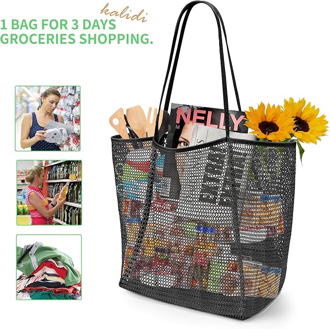 KALIDI Beach Nylon Mesh Tote Bag, Casual Tote Bag Hobo Women Foldable MAX 23L Shoulder Bag For Beach Picnic Vacation