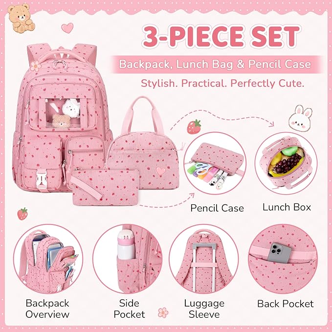PIG PIG GIRL Corduroy Backpack 3PCS Kids Backpack for Girls School Bags for Middle School Students Book Bag for Elementary Primary Kawaii Ita Backpack with Lunch Box Pencil Case Set, Pink Strawberry