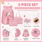 PIG PIG GIRL Corduroy Backpack 3PCS Kids Backpack for Girls School Bags for Middle School Students Book Bag for Elementary Primary Kawaii Ita Backpack with Lunch Box Pencil Case Set, Pink Strawberry
