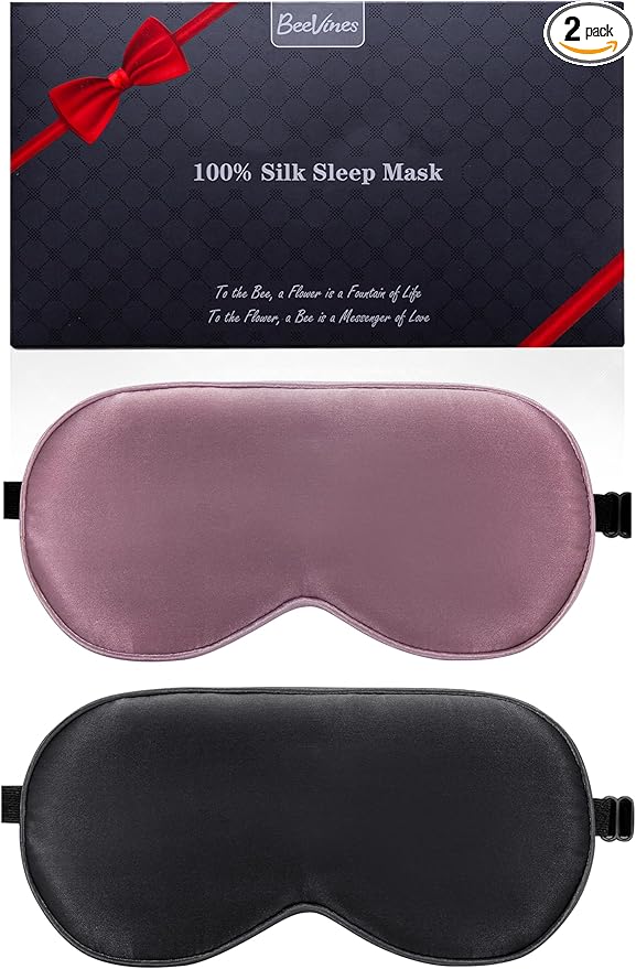 BeeVines 100% Real Mulberry Silk 2 Pack Sleep Mask, Pure Silk Eye Masks with Adjustable Strap for Sleeping, 100% Block Light Eye Shade Cover, Reduces Puffy Eyes Traveling Gifts(Black & Ruby Purple)