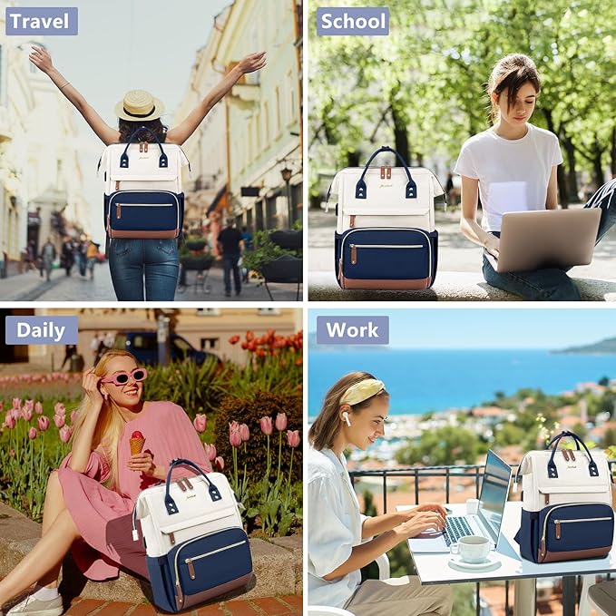 Focdod Laptop Backpack for Womem Work Bags: 15.6 Inch Travel BackPacks Durable Back Pack With USB Charging Port Anti Theft Fashion College BookBag Purse Bussiness Daypack for Nurse Teacher Navy Beige