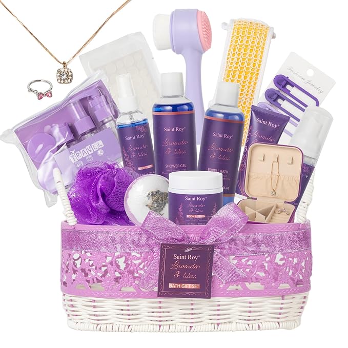 Mothers Day Gifts for Women, 25Pcs Lavender Bath and Body Gift Basket, Facial Skin Care Set, Spa Kit, Self-Care Set, Home Spa Basket set, Necklace, Birthday, Christmas, Mother Day, Anniversary