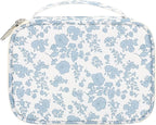 Relavel Travel Makeup Bag, Mini Floral Cosmetic Bag with 2 Makeup Brush Holders, Portable Makeup Pouch for Women, Cute Toiletry Bag with Double Layer Organizer, Blue Flower-Smaller