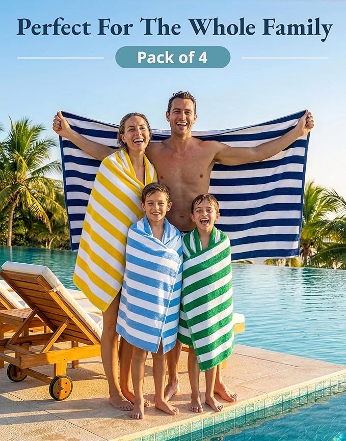 LANE LINEN Beach Towels 4 Pack - 520 GSM 100% Cotton Pool Towel for Adults – 30"x60" Beach Towels Oversized, Thick & Highly Absorbent - Super Soft & Quick Dry Cabana Stripe Large Towel Set - Suncrest