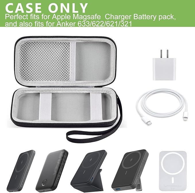Charger Battery Pack Case Compatible with Apple MagSafe/for Baseus/for Belkin/for INIU, Holder for Anker 633/622/621/321 MagSafe Magnetic Power Bank for iPhone 15, Storage with Strap - Black