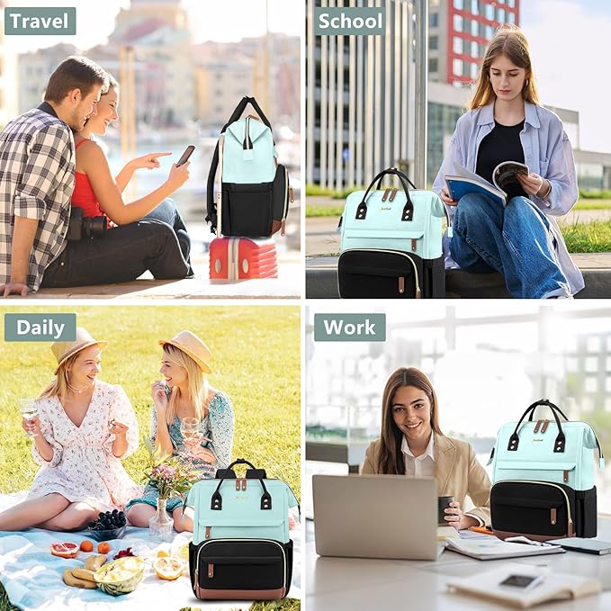 Laptop Backpack for Womem Work Bags: 15.6 Inch Travel BackPacks With USB Charging Port Durable Back Pack Anti Theft Fashion College BookBag Purse Bussiness Daypack for Nurse Teacher Light Blue Black