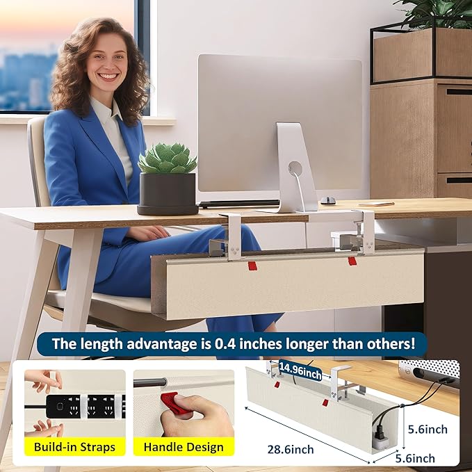 28" Small Under Desk Cable Management Tray No Drill, Compact Clamp On Cord Organizer for Dorm & Small Desk, Anti-Sag Oxford Fabric Wire Hider, Power Strip Holder (Beige, 28.6")