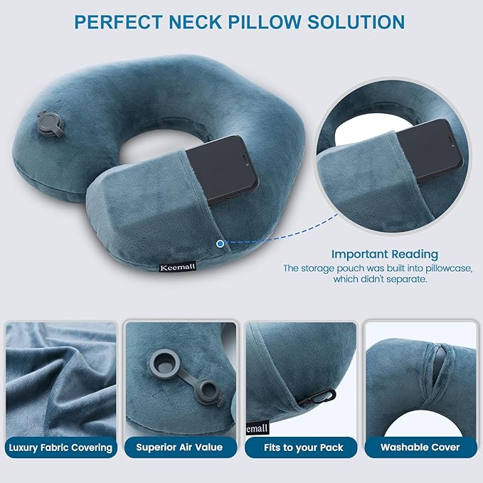 Keemall Inflatable Travel Neck Pillow for Airplane Train Car Washable Pillowcase U Shaped Office Napping Pillow