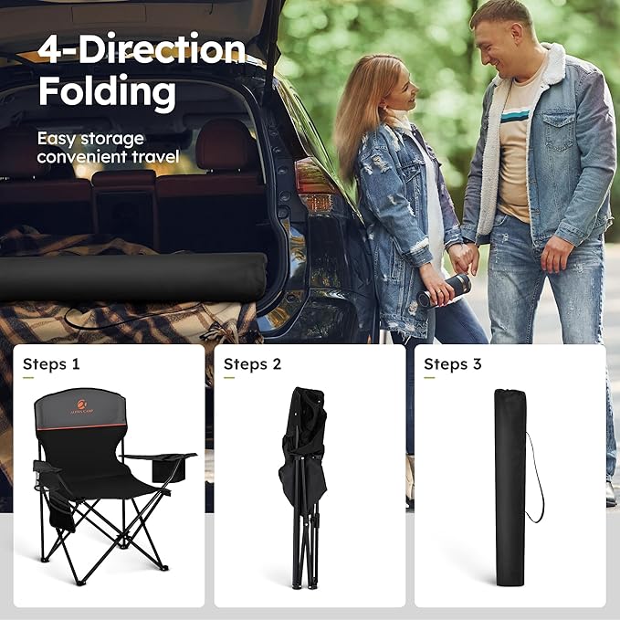 ALPHA CAMP Camping Chairs 250LBS Capacity, Heavy Duty Folding Chair with 4-Can Cooler Bag, Portable Outdoor Chair with Cup Holder for Adults, Collapsible for Tailgating, Beach, Fishing,Black,2PC