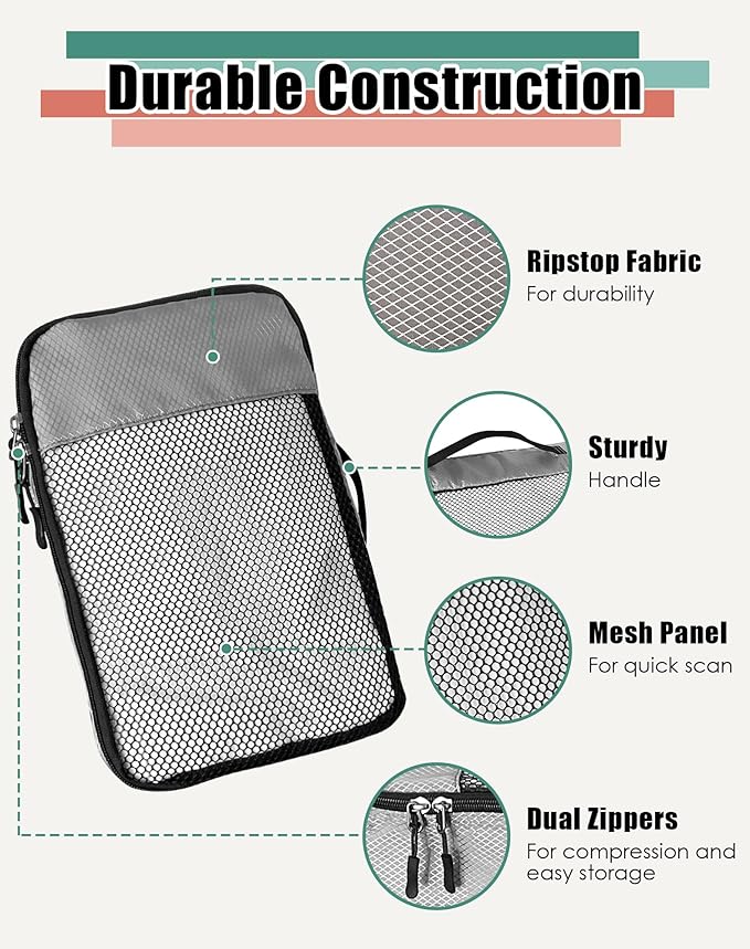 WTREE 4-Piece Packing Cubes Travel Accessories Set for Suitcases - Luggage Organizer Bags with Double Zipper - Mesh Top - Small/Medium/Large/Slim - Grey