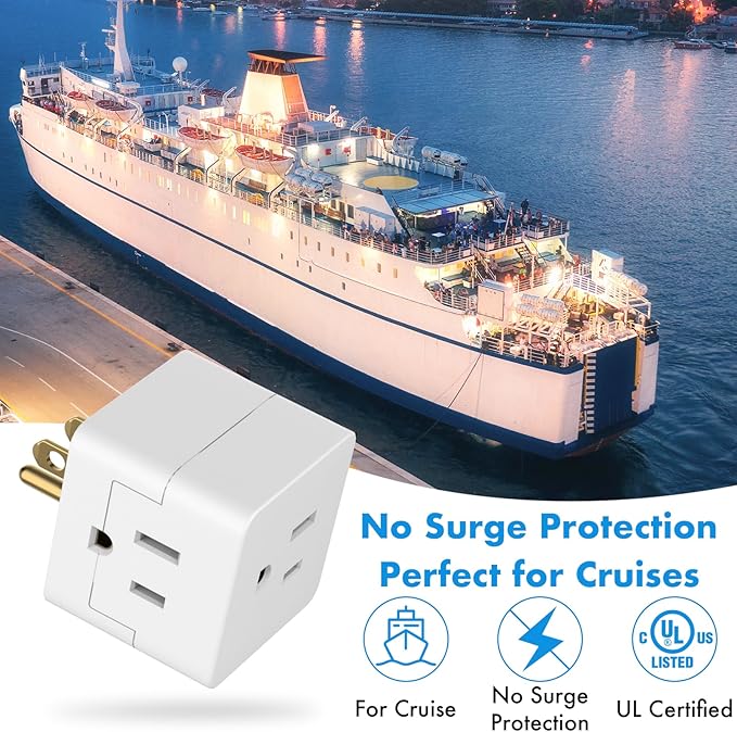 POWERCORDS 3 Power Blocks Outlet Splitter,Grounded Wall Tap, 3-Prong Plug Adapter AC Multi Plug Wall Outlet, Power Splitter, Cruise Essentials, for Home Office School Dorm, UL Listed,Assorted Color