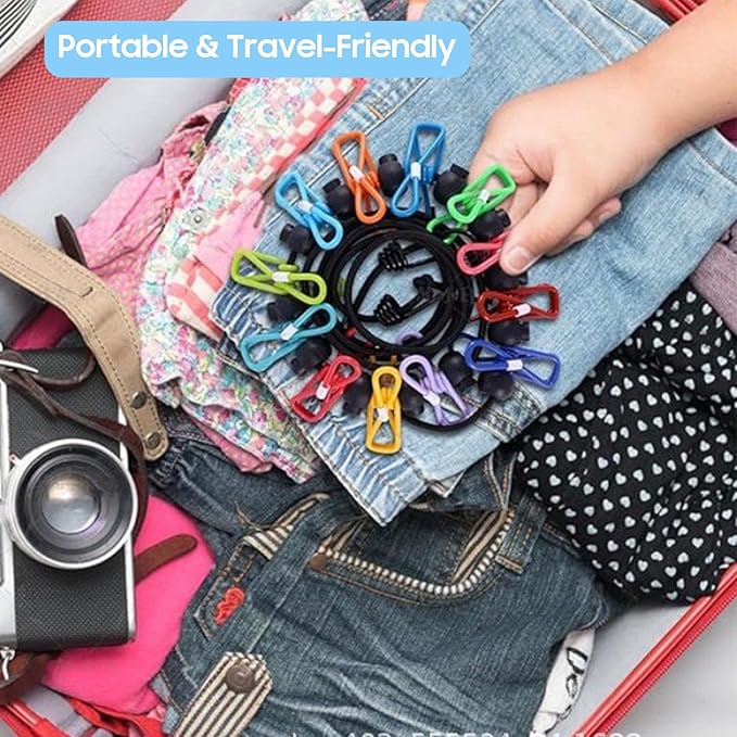 Retractable Portable Travel Clothesline, Clothing Line with 12 Clothes Clips for Indoor Laundry Drying Line with Clothesline Stops, Outdoor Camping Accessories