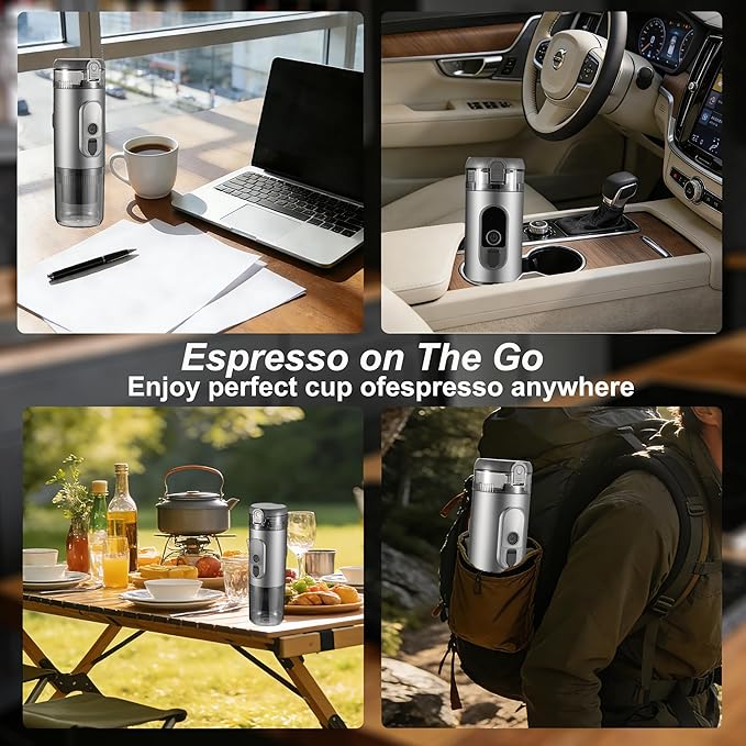 Portable Electric Espresso Machine Self-Heating Travel Coffee Maker 2-in-1 Compatible with Ground Coffee & NS Capsules for Camping, RV, Car, Hiking & Office, Gray