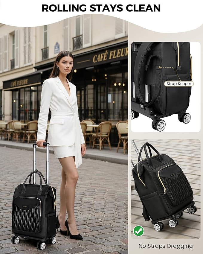 Ytonet Rolling Backpack for Women, 15.6 In Rolling Travel Backpack with 4 Spinner Wheels, Carry On Rolling Laptop Bag with Detachable Trolley, Stylish Wheeled Backpack for College Business Work, Black