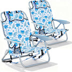2 Pack Lightweight Portable Camping Beach Chair for Adults, Outdoor Lay Flat Folding Beach Chairs with 5 Positions, Backpack Beach Chair with Towe, Zipper Pouch, Cup Holder, Blue Coconut Tree
