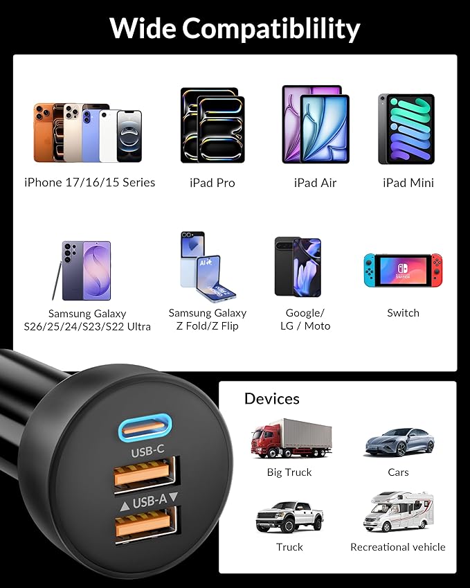 3-Port 70W Fast Car Charger for iPhone 14 13 12 11 Pro Max SE XR XS X 8 7 6 Plus, iPad, 2 Pack USB C Car Charger Adapter Cigarette Lighter with Coiled USB iPhone Carplay Cable &Lightning Charging Cord