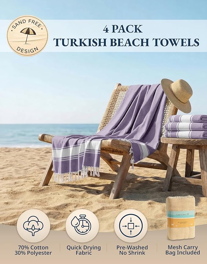 LANE LINEN Beach Towels 4 Pack Oversized - Turkish Towel Set, Pre-Washed Oversized Beach Towel, Quick Dry Beach Towels for Travel, Large Pool Towels, 39"x71" - Day Break
