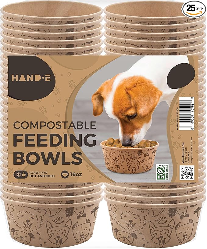Small Dog Bowls - 25 Compostable Disposable Feeding Bowls for Dogs and Cats - Good for Dry or Wet Food, Hot or Cold Pet Food, and Travel
