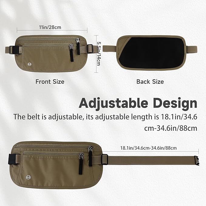 FuninCrea Waterproof Hidden Money Belt for Travel, Anti-Theft Belt Bag with RFID Blocking Function Adjustable Slim Waist Bag with 2 Zipper Pockets and 1 Back Pocket for Travel Running (Style 2, Black)