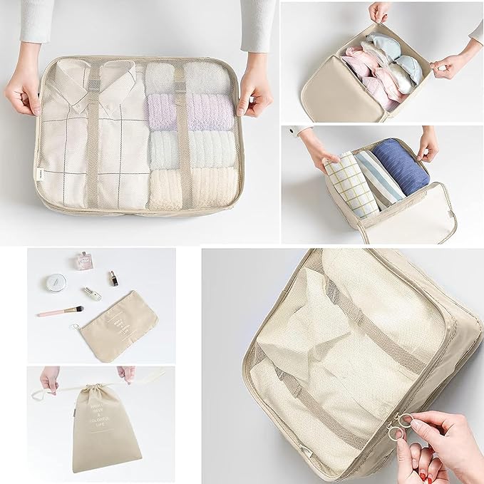 LANSKLBD 6 Set Packing Cubes for Travel, Luggage Organizers with Shoe & Toiletry Bags, Lightweight Suitcase Organizer for Carry-On, Washable Laundry Bags (Beige)