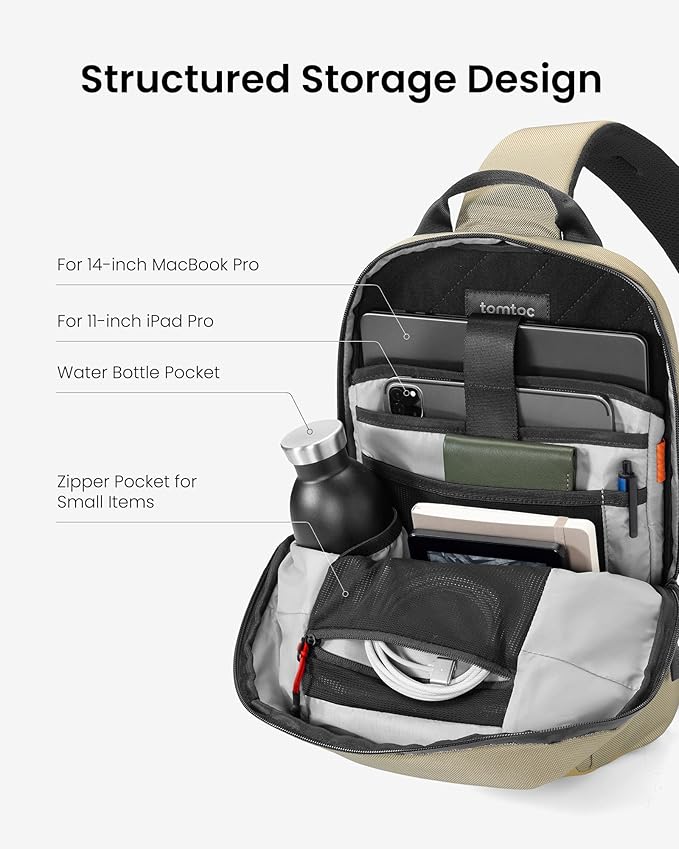 tomtoc 7L Sling Backpack Crossbody Bag for Men Women, EDC Daypack Chest Shoulder bag for 14-inch MacBook Pro M5 Pro/Max, 13" MacBook Air, 13" iPad Air M4/Pro M5, Organized, Daily Use, Work, Travel-S