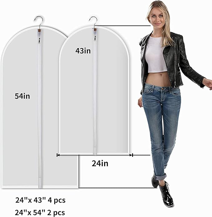 Mskitchen Garment Bags for Hanging Clothes, Clear Plastic Closet Storage Covers with Cedar Balls, 24" x 43"/54”, 6 Pack