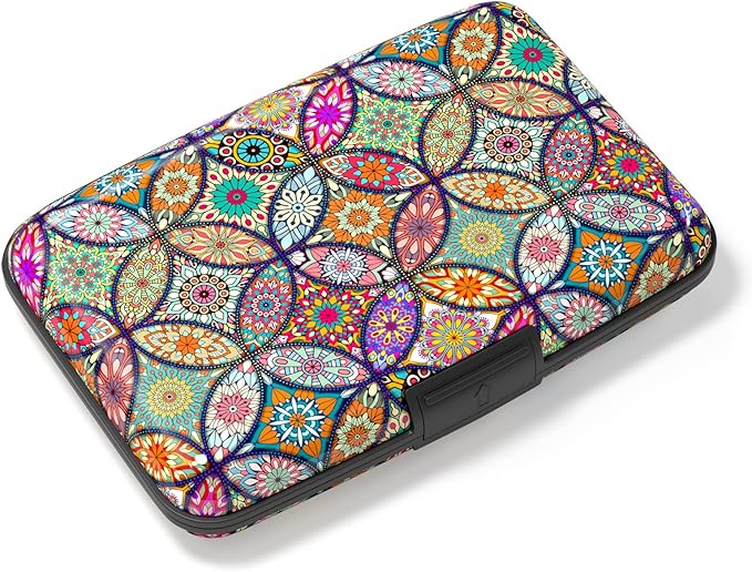 Credit Card Holder, Mini Aluminum Card Wallet RFID Blocking Slim Metal Hard Card Case for Women Men, Pretty Mandala