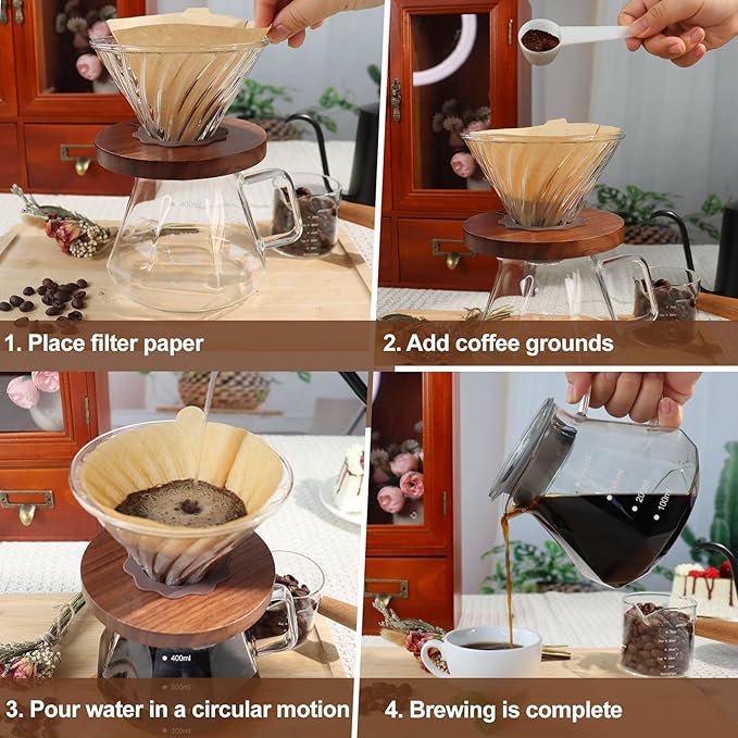 Pour Over Coffee Maker 13.5oz Portable Glass Coffee Maker High Borosilicate Glass Eagle Beak Spout Design with 50 Pcs Filter Paper Walnut Wood Base for Pour Over for Daily Brewing 400ml