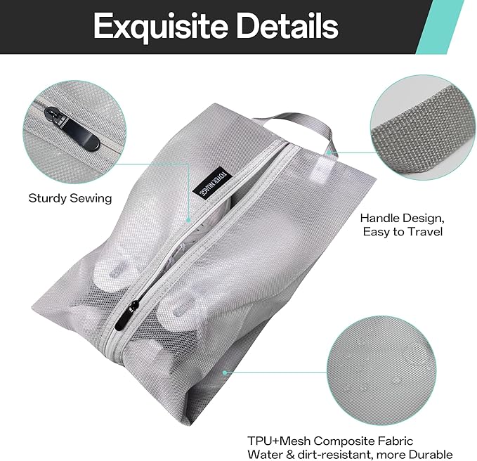 Travel Shoe Bags, Water Resistant TPU Mesh with Zipper, Travel Essentials for Men & Women (Grey, 2 Set)