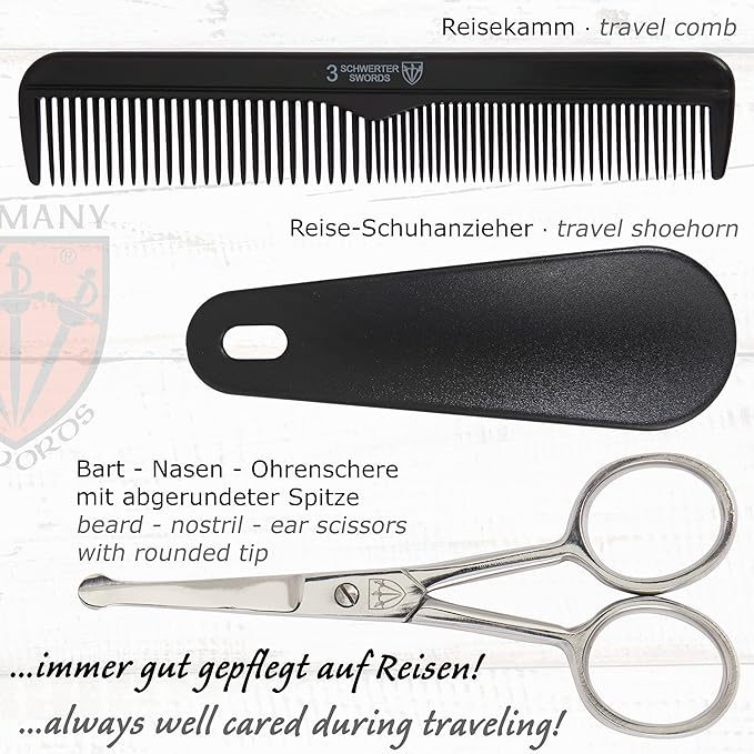 3 Swords Germany – brand quality 10 piece manicure pedicure grooming kit set for nail care tweezers file clipper, Made by 3 Swords (BLACK - GENUINE LEATHER)
