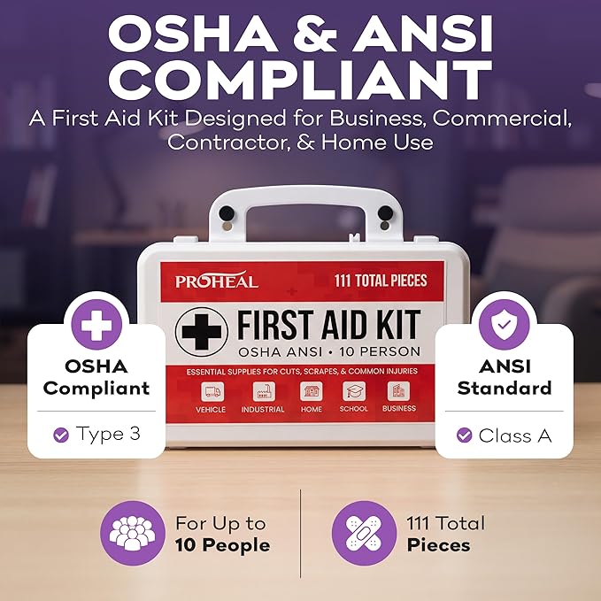 OSHA Compliant First Aid Kit - 10 Person, Type III, ANSI Class A, 111 Pieces Emergency Kit for Business, Office, Home, Vehicle, Truck, Car & Construction Site - Latex Free, Wall Mountable | ProHeal