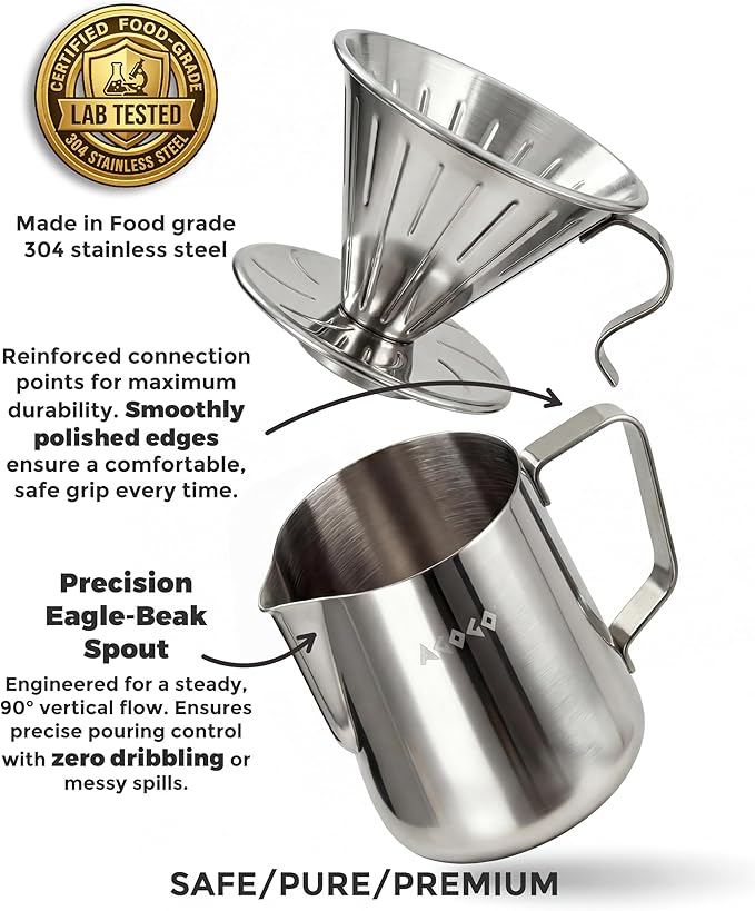 AGOGO Pour Over Coffee Maker Set - Unbreakable 304 Stainless Steel V60 Dripper & Server for Camping & Party, Includes 50 Paper Filters & Barista Towel - Silver - 30oz