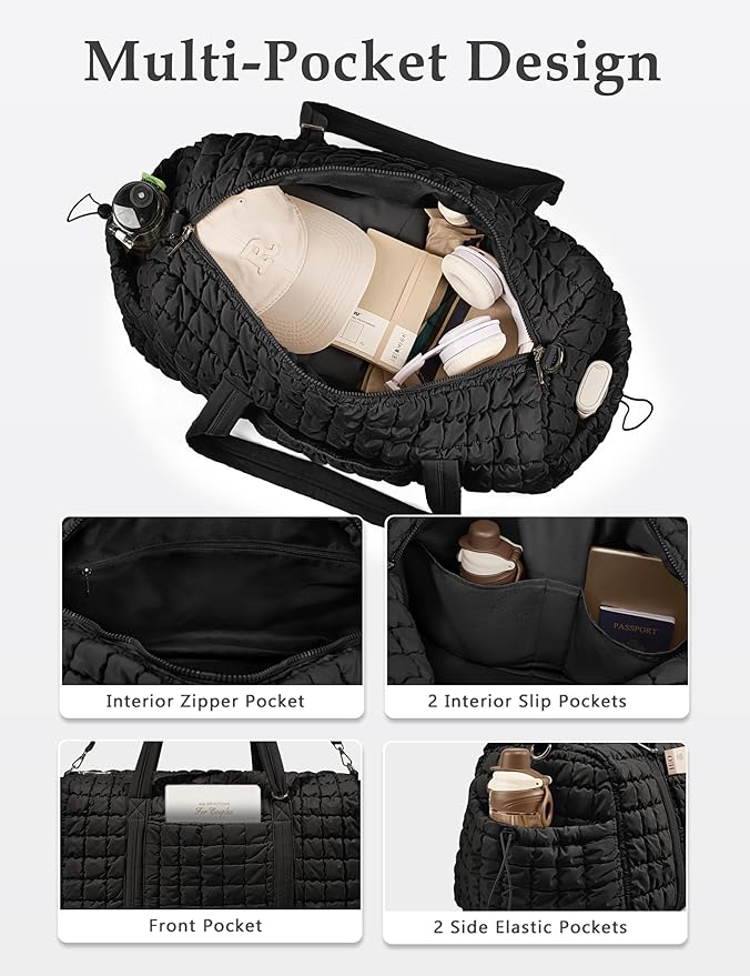 Quilted Travel Duffle Bag for Women Medium Weekender Bag Puffer Overnight Bag Large Soft Puffy Duffel Bag Carry-On Gym Bag Lightweight Personal Item Travel Bag for Trips Business Sport Airplane