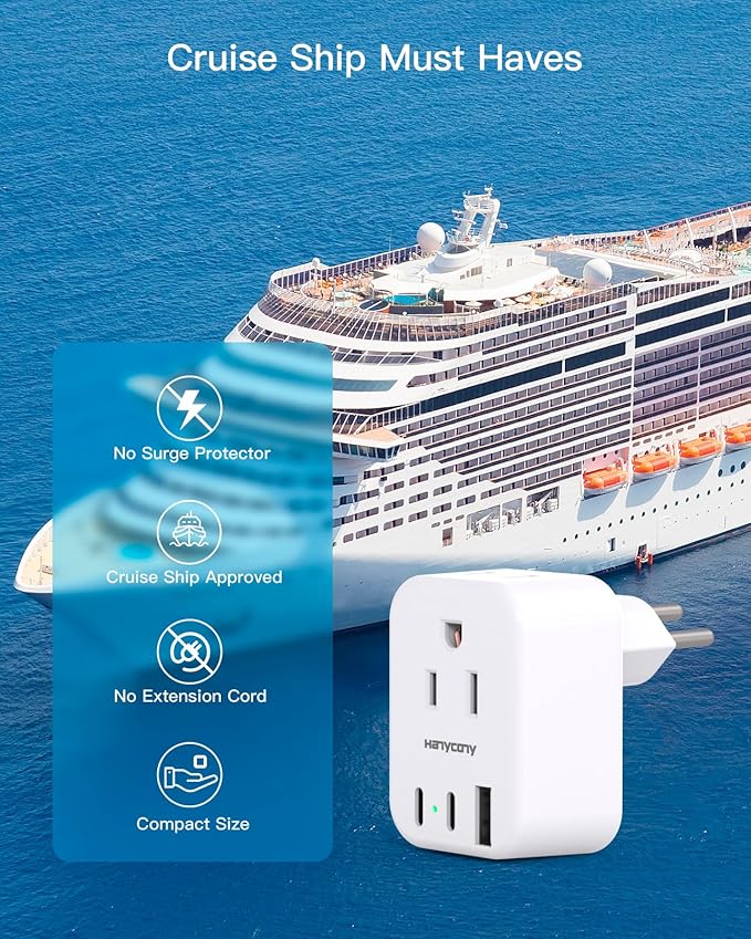 HANYCONY Brazil Power Adapter, Type N Plug Adapter with 2 Outlets 3 USB Ports (2 USB C), Travel Adapter for US to Brazil Brazilian Brasil