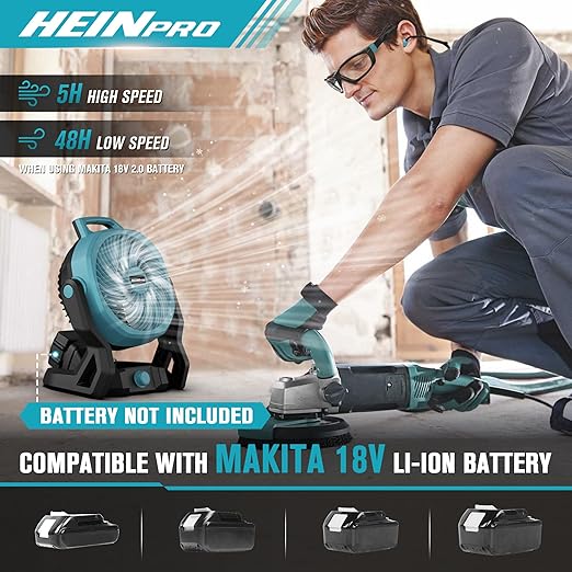 HEINPRO Battery Operated Fan Compatible with Makita 18V Battery with AC Adapter (No Batteries) Up to 650CFM, Variable Speed, Low Noise 30dB, Portable Cordless Fan for Camping, Jobsite