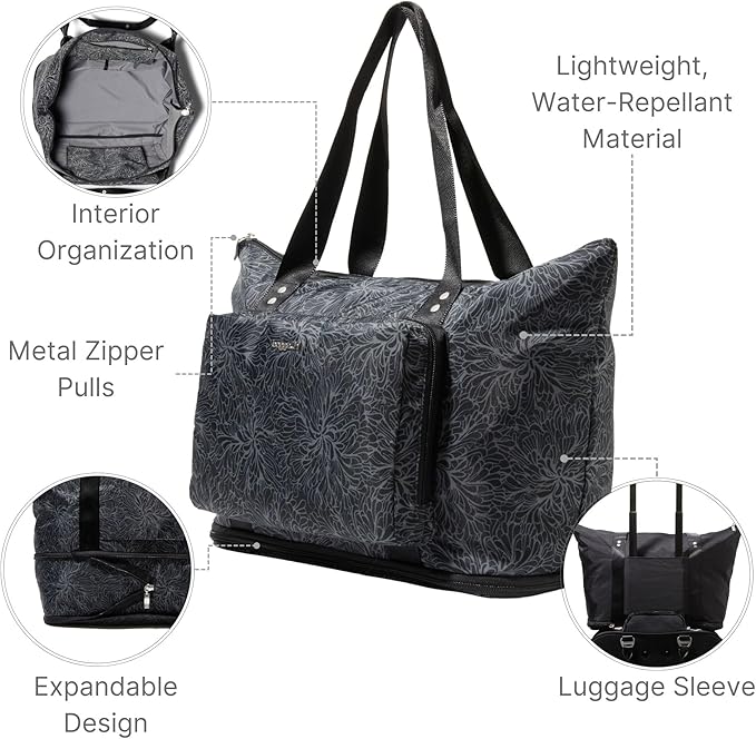 Baggallini Carryall Expandable Lightweight Travel Tote 22" Packable Folding Compact Nylon Washable Weekender w/Luggage Sleeve