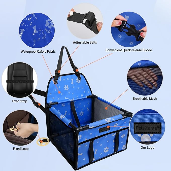 Dog Car Seat Foldable Dog Car Booster Seat Waterproof Breathable Oxford Travel Bag for Small to Medium Dogs, Puppies, and Pets-Pattern Blue-Upgrade