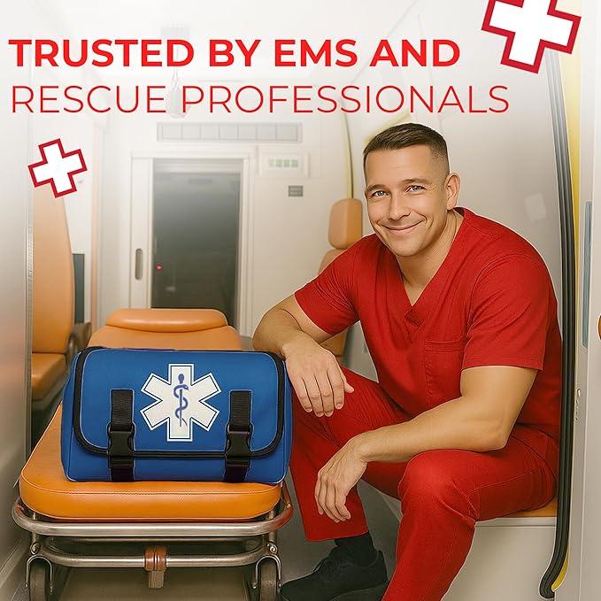 Fully Stocked EMT Trauma Bag – Tactical First Responder Medical Kit with Tourniquet, Chest Seals, Bleeding Control, Gauze, Shears & Bandages – Navy Blue