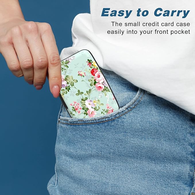 Credit Card Holder, Mini Aluminum Card Wallet RFID Blocking Slim Metal Hard Card Case for Women Men, Green Flowers