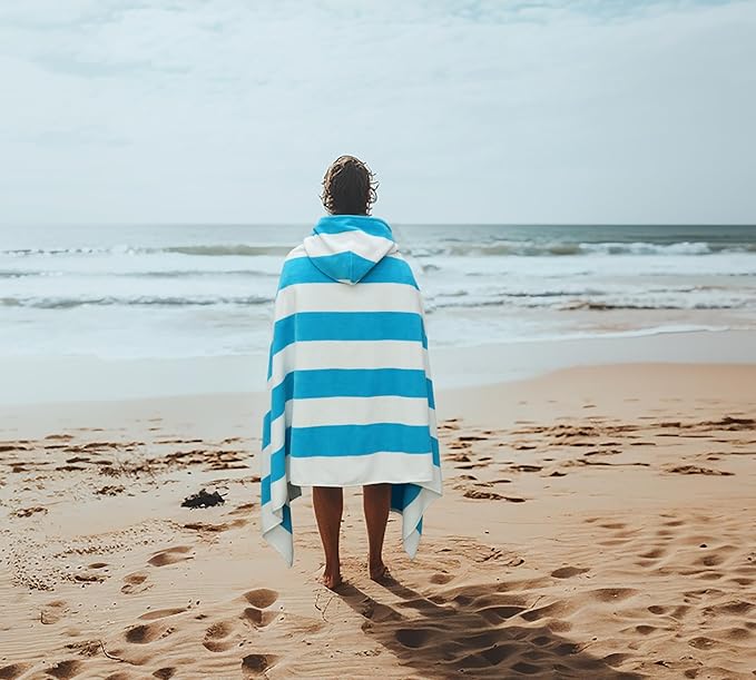 COTTON CRAFT Hooded Beach Towel - Oversized XXL 35x84 Towel with Hood for Adults - The Big Kahuna 7 Foot Beach Blanket Towel - Big & Tall Soft 100% Cotton Velour - Pool Bath Wrap - Cabana Stripe Aqua