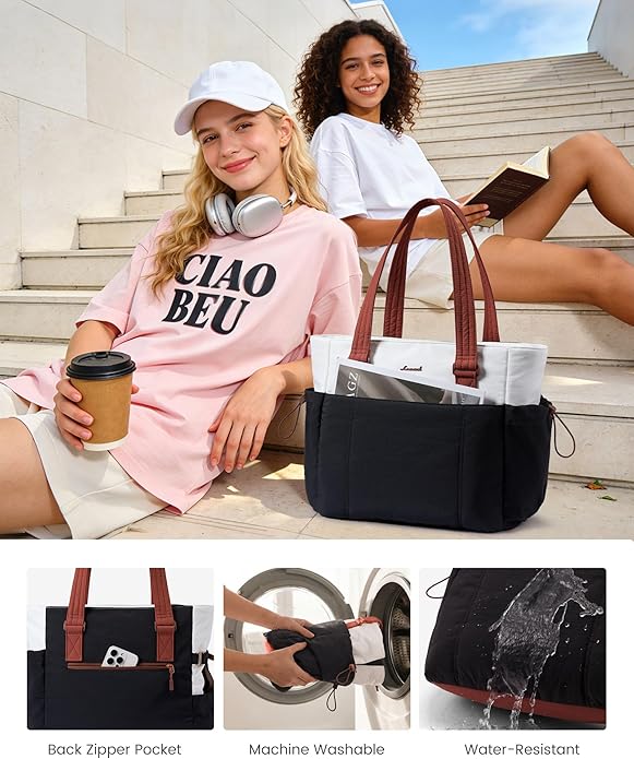 LOVEVOOK Tote Bag for Women, Puffy Work Tote with Large Cup Holder, Quilted Laptop Bag Travel Tote Shoulder Bag Handbag