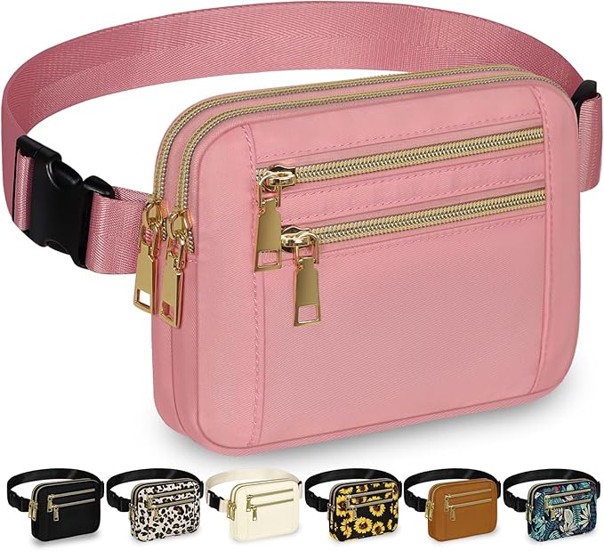 Capolo Fanny Packs for Women Fashion Waist Packs Bag with Adjustable Strap and 4 Zipper Pockets Waterproof Everywhere Crossbody Belt Bag for Workout Running Travelling(Pink)